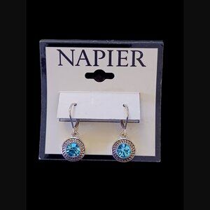 Napier Silver Tone Blue Crystal Drop Dangle 1" Long Statement Earrings New